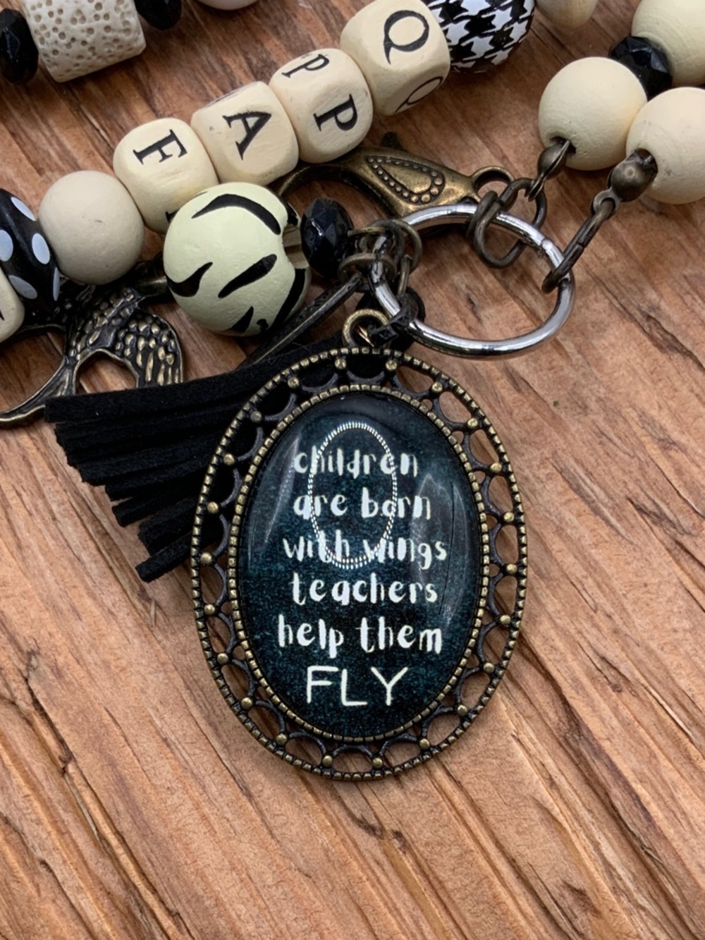 Plunder Design Teacher Alphabet Acrylic Beaded & Wooden Blocks Lanyard Necklace